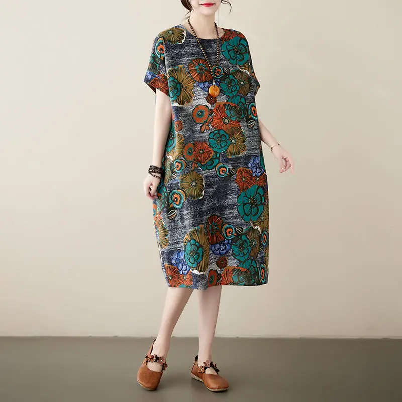 Versatile Summer Attire Pockets Loose Literature and Art Vintage Round Neck Floral Printing Short Sleeve Women's Midi Dresses