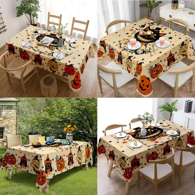 VIKAMA Retro Halloween Tablecloth Pumpkin Black Cat Ghost Bat Linen Tablecloth Dining Table Holiday Party Home Table Decor