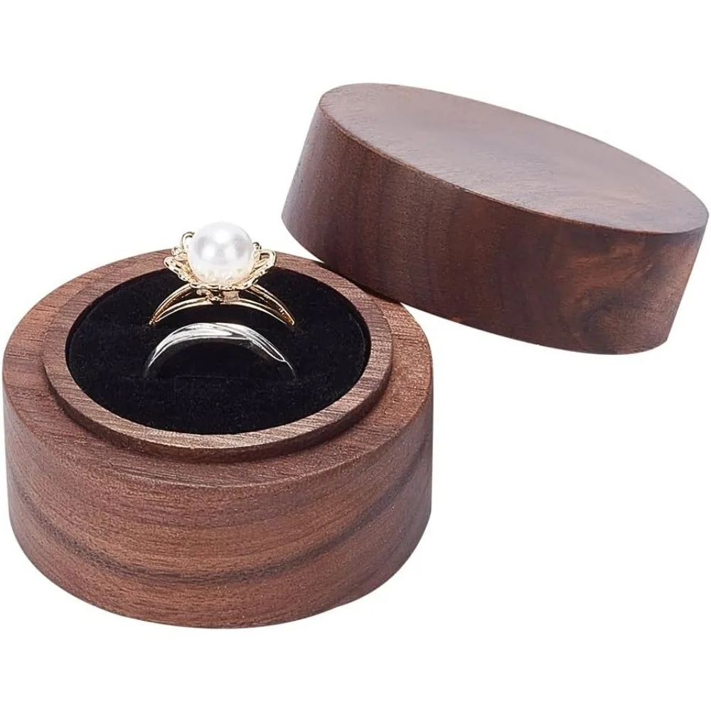 Round Wood Couple Ring Box with Black Velvet Inside 2x1.4inch Coffee Color Wooden Jewelry Ring Box 2 Slots Column Ring Gift Box