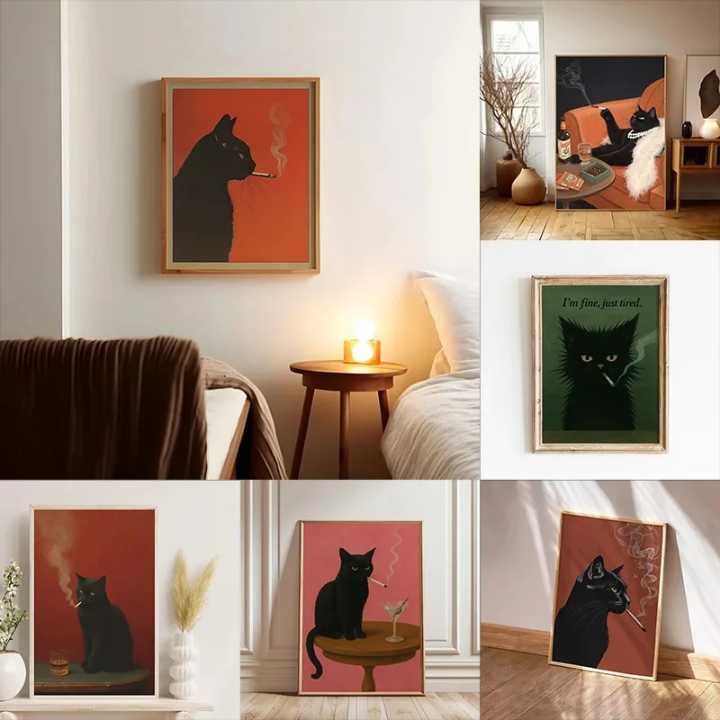 Black Cat Smoking A Cigarette Vintage Poster Art Retro Whimsical Print Funny Animal Wall Decor Poster for Bar Cart Quirky Kit