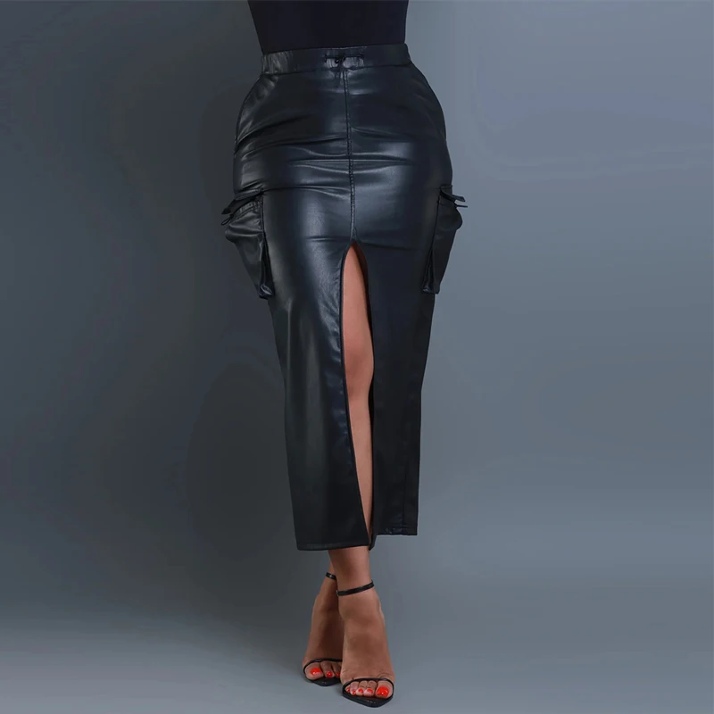 Women High Waist Matte Faux Leather Elastic Waistband Pencil Skirts Lady Front High Split Mid Long PU Skirt With Pockets Custom