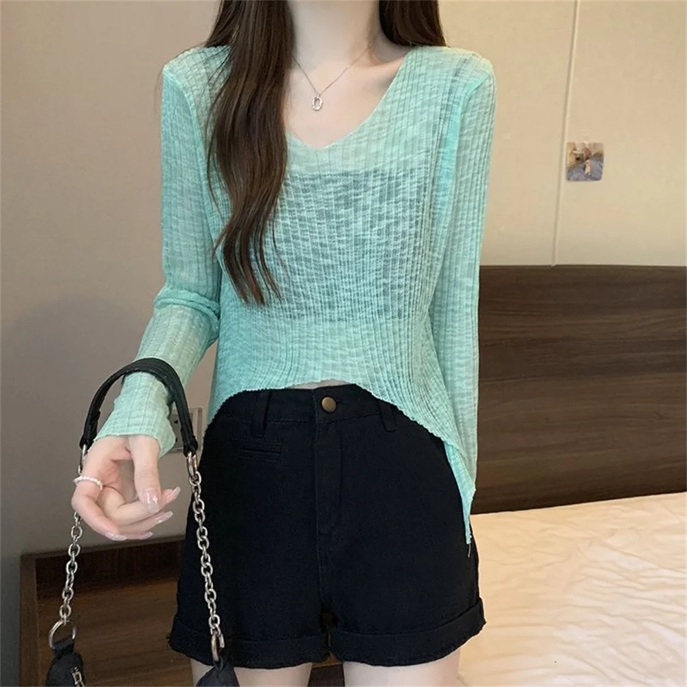 

Spring Summer Hollow Women's Short Shirts 2025 New V-neck Beach Long Sleeve Knitted Tops Female Loose Thin Knitwear Pullover Tee