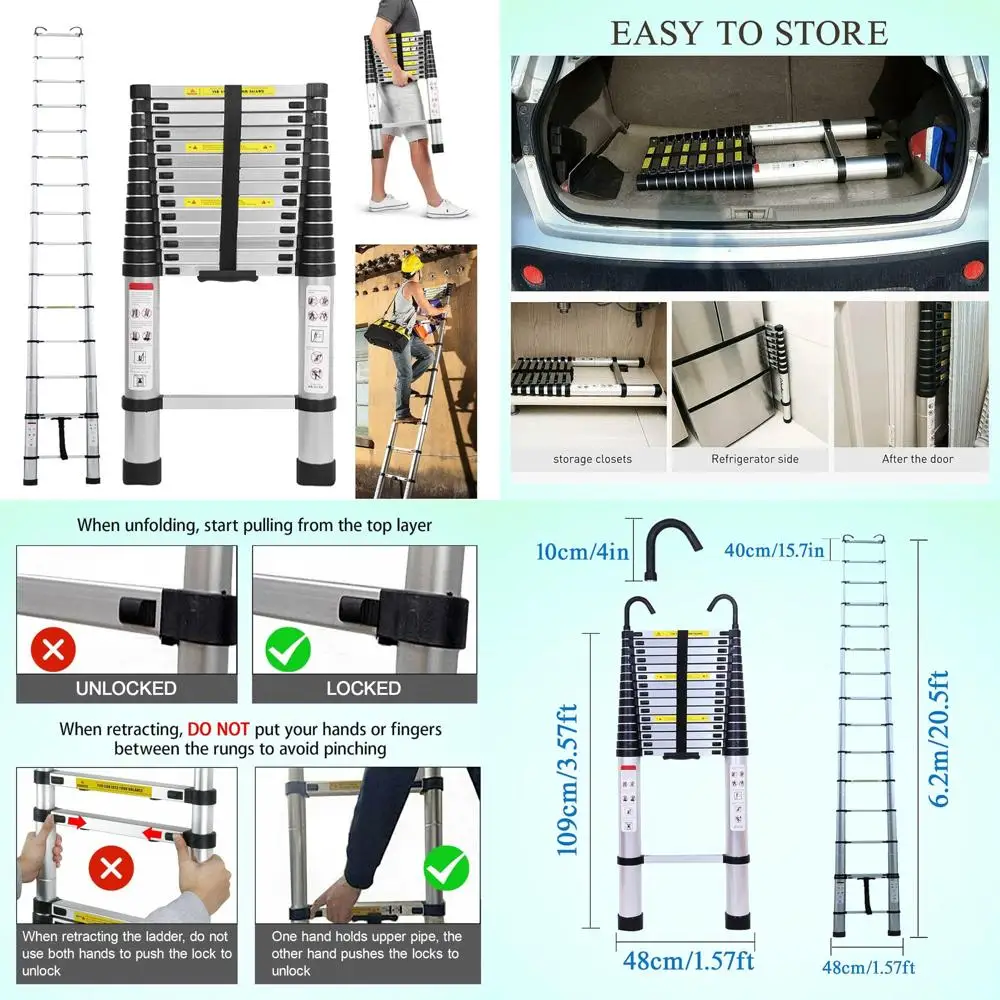 Telescoping Aluminum Extension Ladder 20.5 Feet / 6.2 Meters - Multi-Purpose for Home Maintenance, Gardening, Loft Access, and B