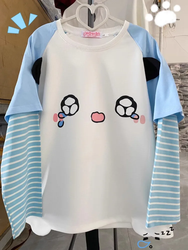 Harajuku Fake Two Piece Striped O-neck T-shirts Coat Kawaii Patchwork Cat Ear Tops Women 2024 Spring New Long Sleeve Sweatshirts