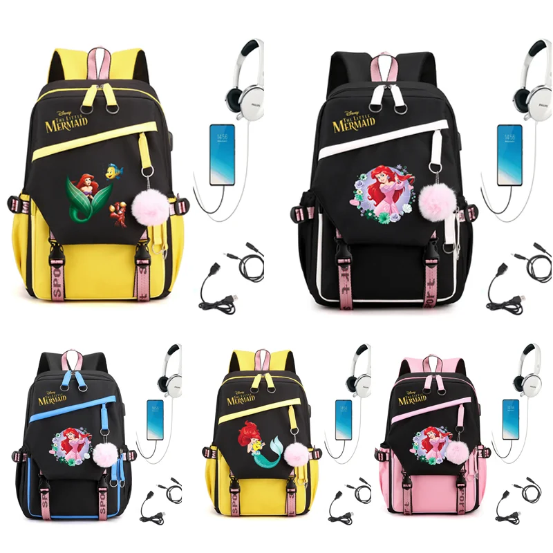 

The Little Mermaid Compartment USB Charging Schoolbag Male and Female Student Laptop Backpack Large Capacity School Bag Mochila