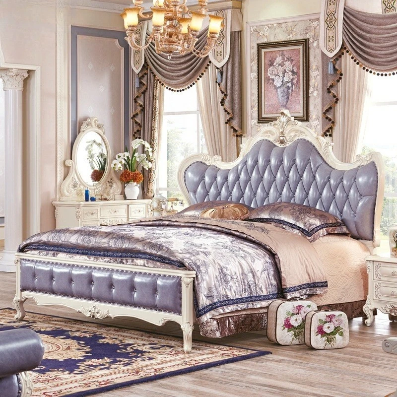 European leather bed, villa American solid wood carving flower first layer cowhide living room household double pastoral princes