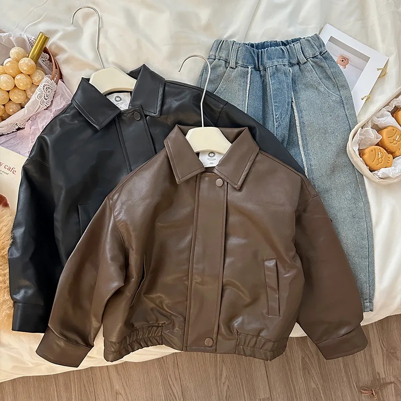 Jackets Girl Loose Autumn New Children PU Locomotive Leather Clothing Loose Coat Boy Handsome Leather Clothing 2024