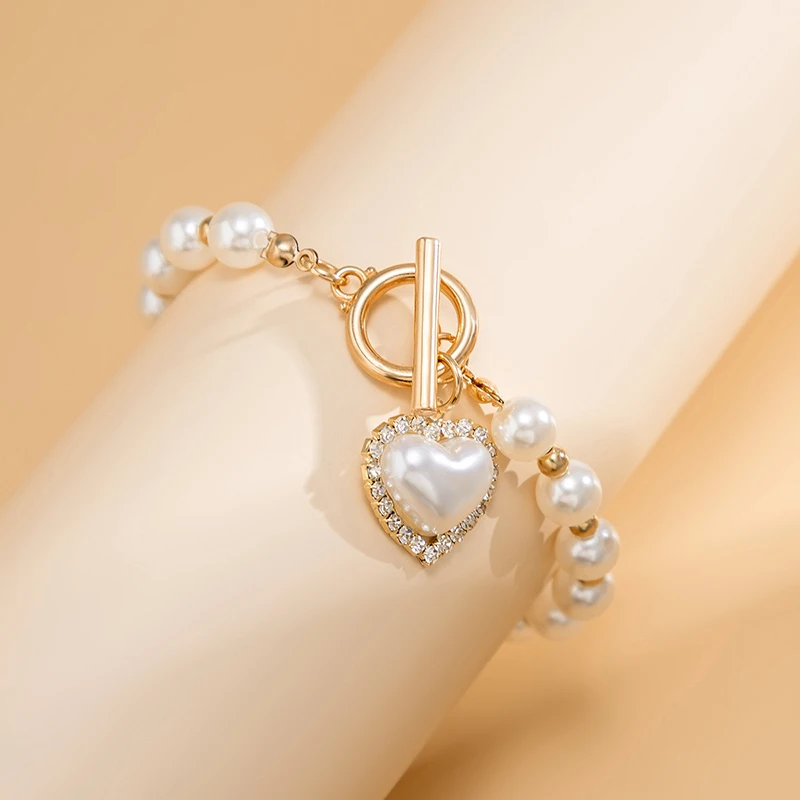 Boho Fashion Bracelets For Women New Vintage Crystal Pearl Heart Pendant Gold Color Jewelry Gift For Female B040