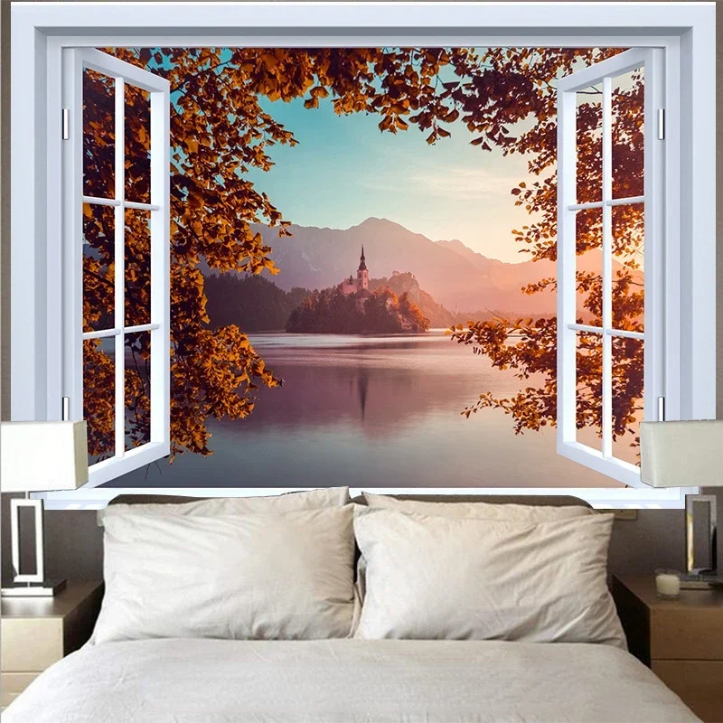 Outside The Window Tapestry 3D Mountain Lake Sunset Wave Landscape Garden Posters for Outside Large Home Room Decor Wall Hanging