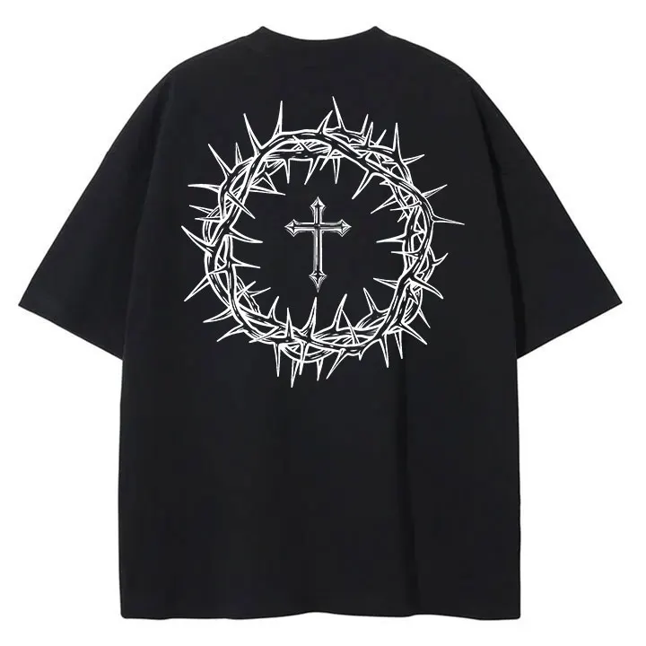 Men Streetwear Cross Graphic Print T-Shirt Summer Washed Black T Shirt Hip Hop Oversized Harajuku Tshirt Cotton Top Tee