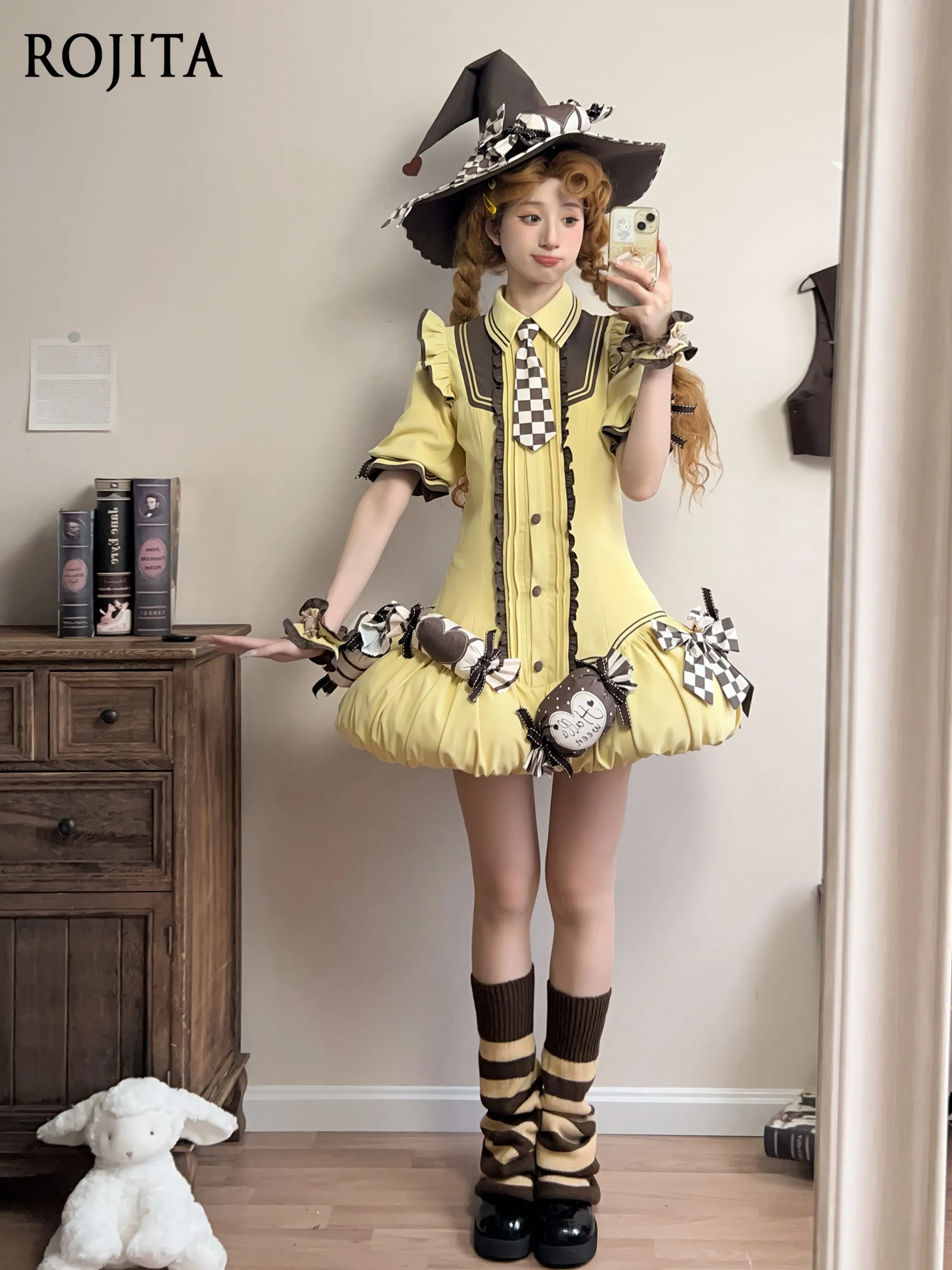 

Original Cute Little Witch Yellow Lolita OP Dress 2026 Spring New Vest Jacket Small Flying Sleeve Short Sleeve Lolita Dress