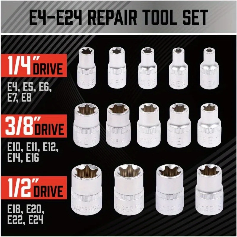 14pcs/set E-TORX Socket Set - Premium Female Torx Socket Set, Torque1Socket Set, External Torx Socket Set, E4 E5 E6 E7 E8 E10 E1