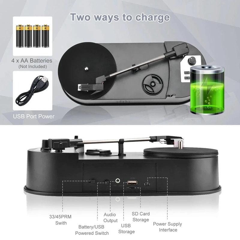 Portable Phonograph 33/45RPM Turntable Player Converter Save Vinyl Music Records To MP3 TF Card/USB Built In Speaker Accessories