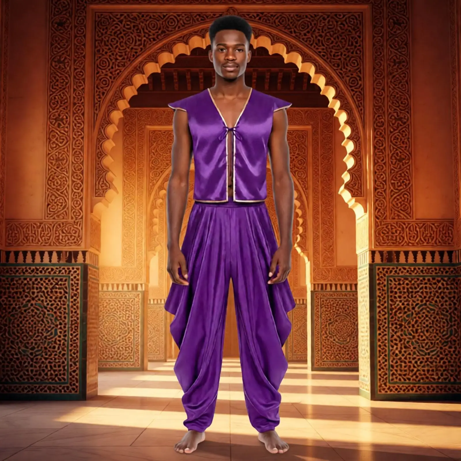 Men Aladini Arabian Prince Cosplay Costume Satin Waistcoat Vest Top Harem Pants Suit Halloween Theme Party Carnival Stage Outfit