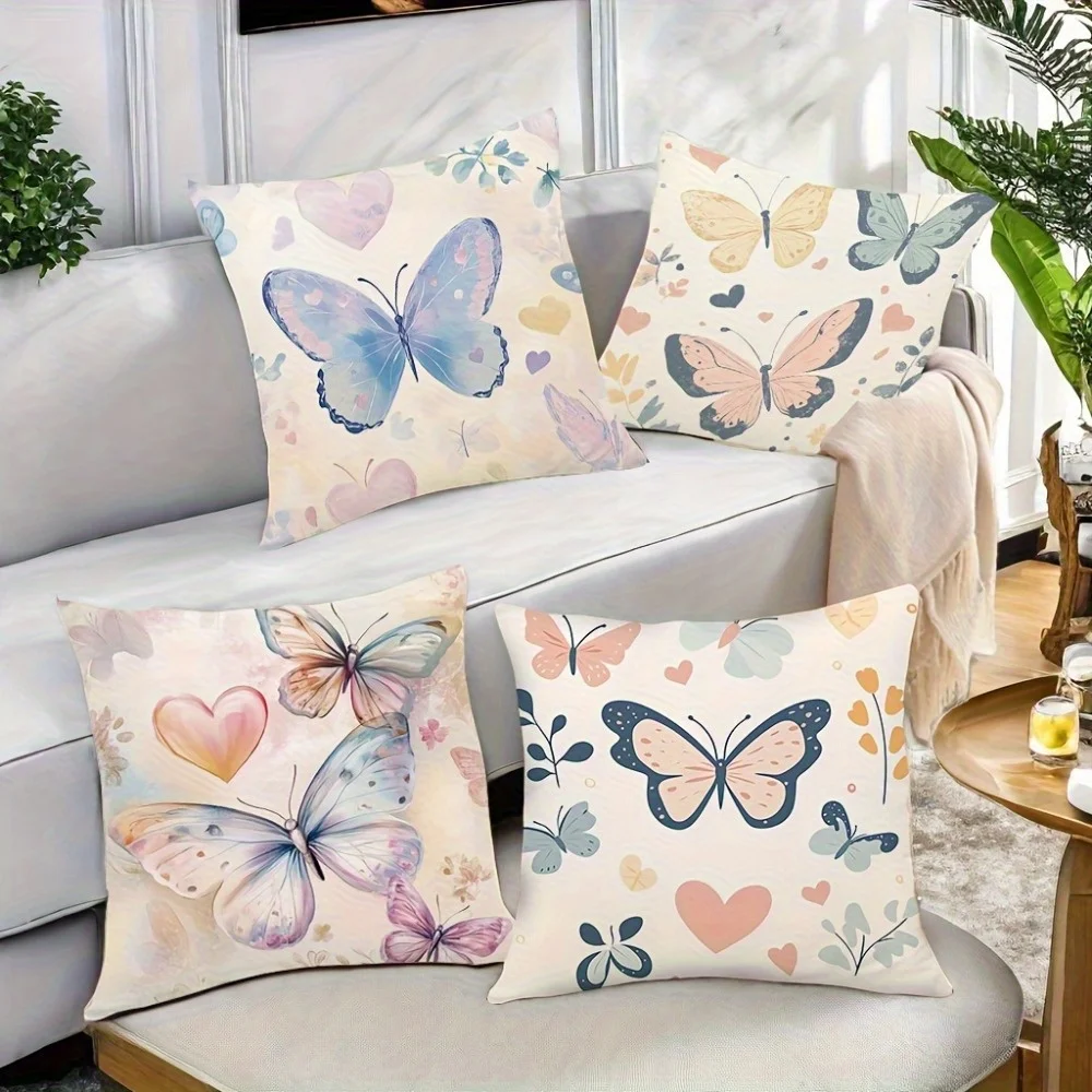 4pcs Leaf and flower butterfly Single-sided printing Short plush Suitable living rooms bedrooms sofas (excluding pillow cores)