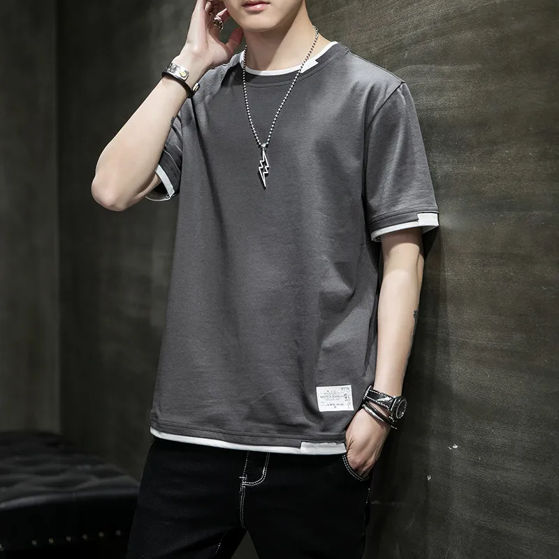Classic Fake Two Short Sleeved Men's Pure Cotton T-shirt, Men's Summer Men's Interior Matching Trendy Brand T-shirt