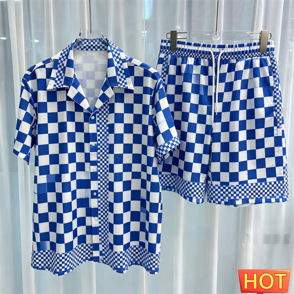 Grid print Leisure vacation two-piece set Summer mens shirt set men's matching sets menswear clothing Two piece shorts shirt set