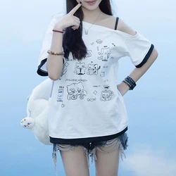 Japanese Y2k Subculture Cute T Shirt Off-shoulder White Short-sleeved Summer T-shirt Woman Cartoon Print Sweet Harajuku Tees