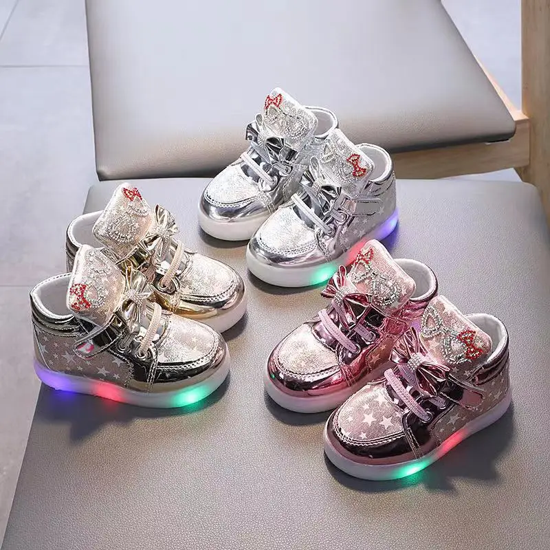 Girls Shoes Rhinestone Bow Children Casual Shoes LED Lighted Kids Sneakers High Top Pink Princess Shoe Glowing Girls Board Shoes