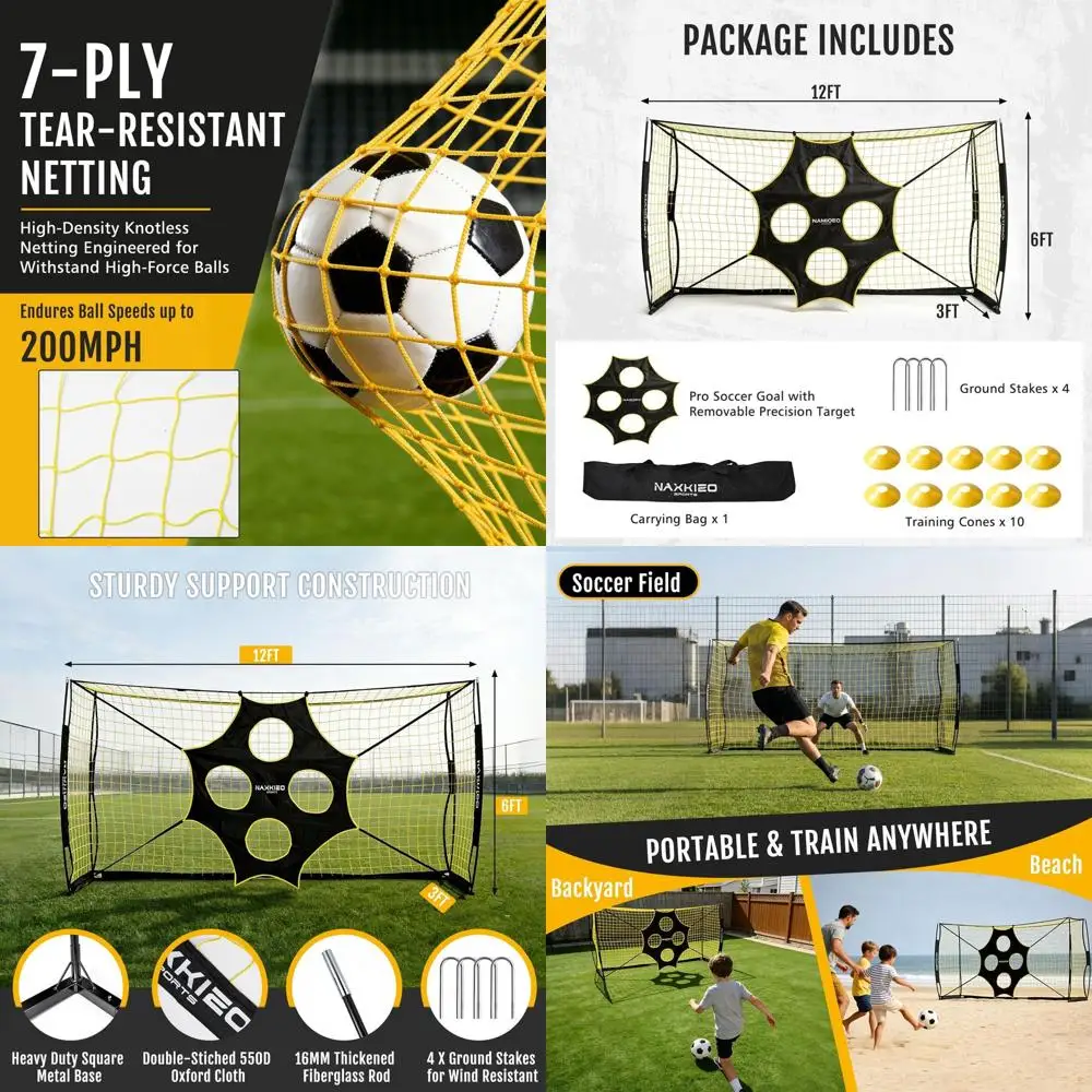 

Портативные футбольные ворота размером 12x6 футов с мишенью, тренировочными конусами, металлическим основанием, прочной сеткой и сумкой для переноски