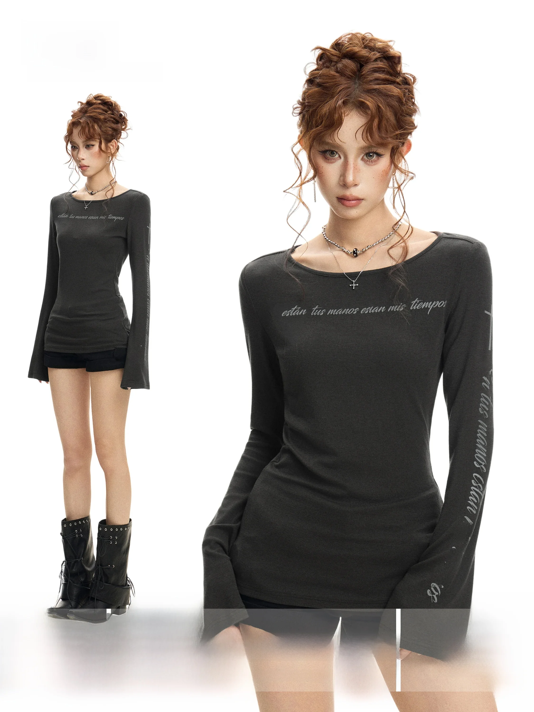 American Style Long Sleeve Grey T-Shirt Women Early Autumn Slimming Inner Wear Base Shirt Bell Sleeve Top Commute Style