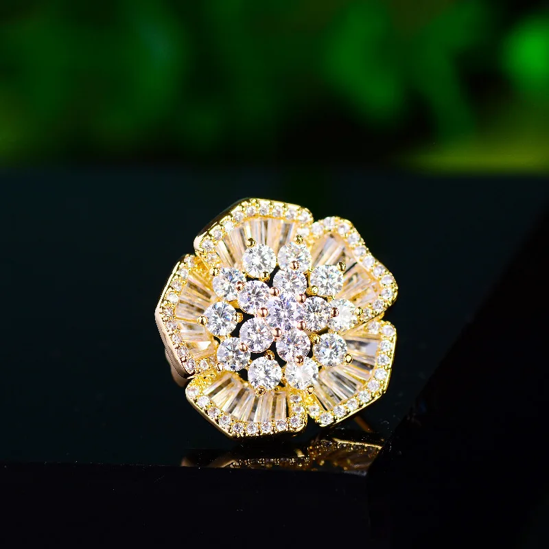 Chinese Style Lucky Flower Zircon Brooch Gold Tone Sparkly Collar Pin Auspicious Fortune Accessory For Summer Blouse Knitwear