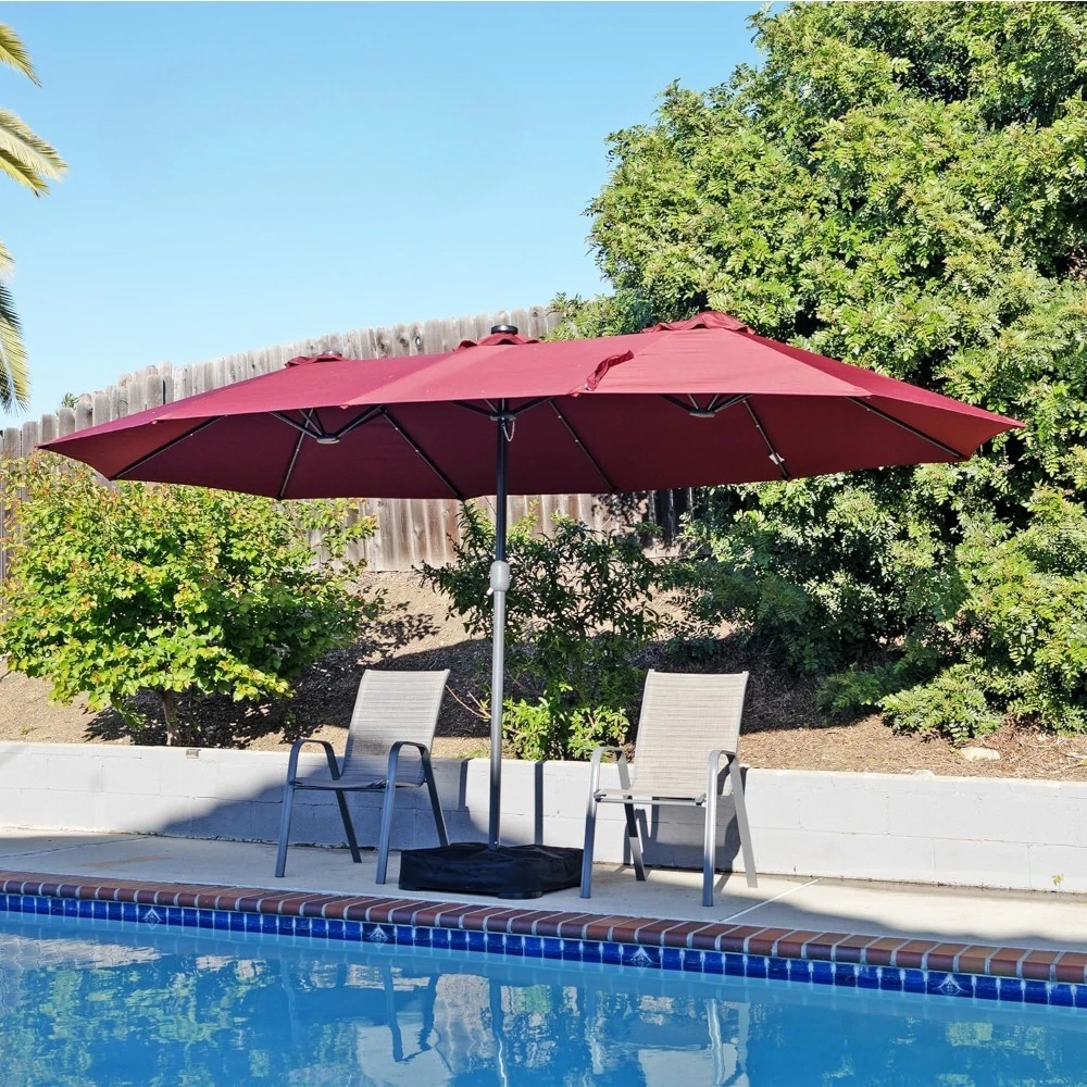 

15x9 Ft Double Head Patio Umbrella with Base, 36 LED Lights, Sand Bags, UV Resistant & Waterproof,Patio Umbrellas & Bases