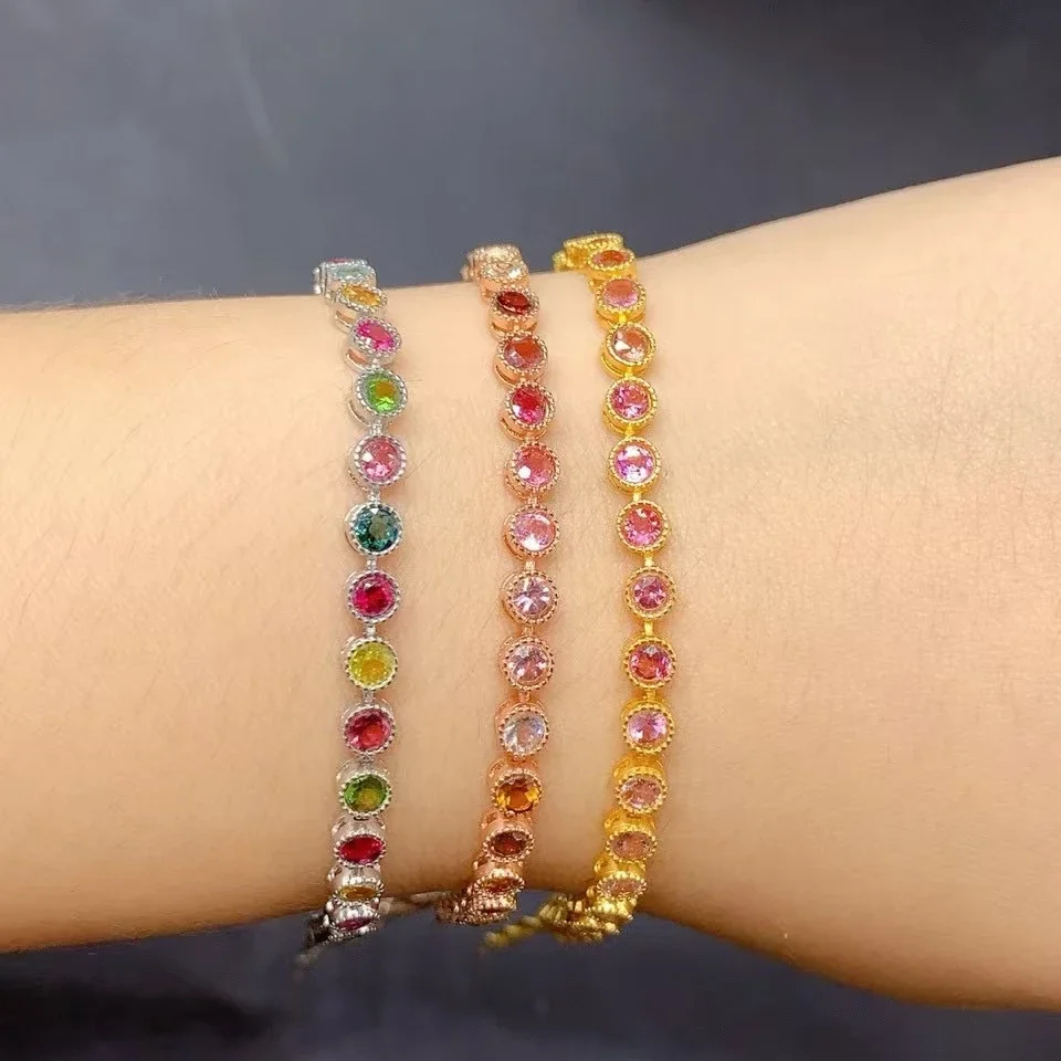 Multi-color Natural Tourmaline Bracelet for Girl 26 Pieces 3mm Genuine Tourmaline 925 Silver Bracelet with 18K Gold Plating