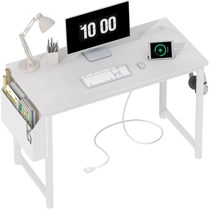 39 inch White Computer Desk with Power Outlet, 40 inch Teen Study Table Home Office Work Writing Desks with Charging Station