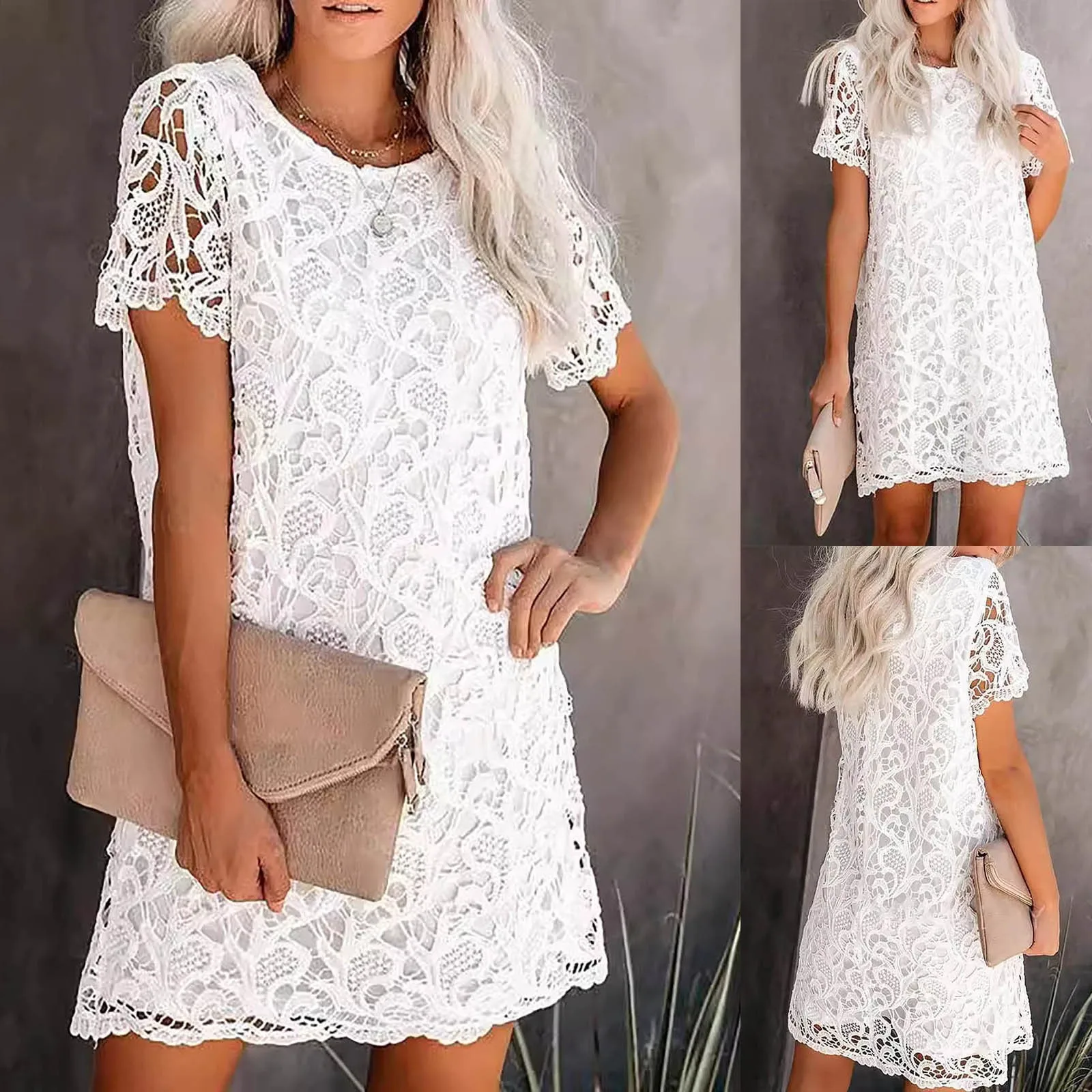 Summer White Dress Sexy Round Neck Short Sleeve Hollow Lace Dress Female Fashion Elegant Club Party Dress Loose Jacket платье