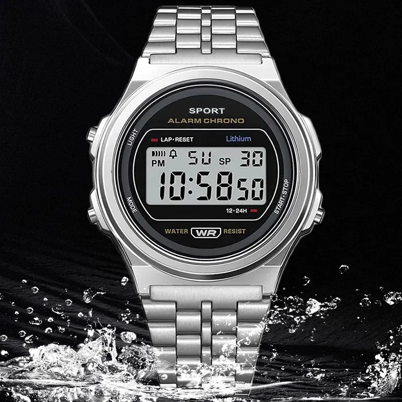 Reloj de pulsera Digital de acero inoxidable para hombre, cronógrafo de lujo, resistente al agua, redondo, militar, electrónico, deportivo, F91W