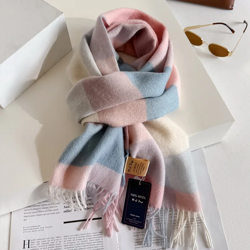 

100% Wool Plaid Pink Women Scarf Luxury Fashion Winter Scarves Tassel Shawls Pashmina Lady Wrap Hijab Neckerchief