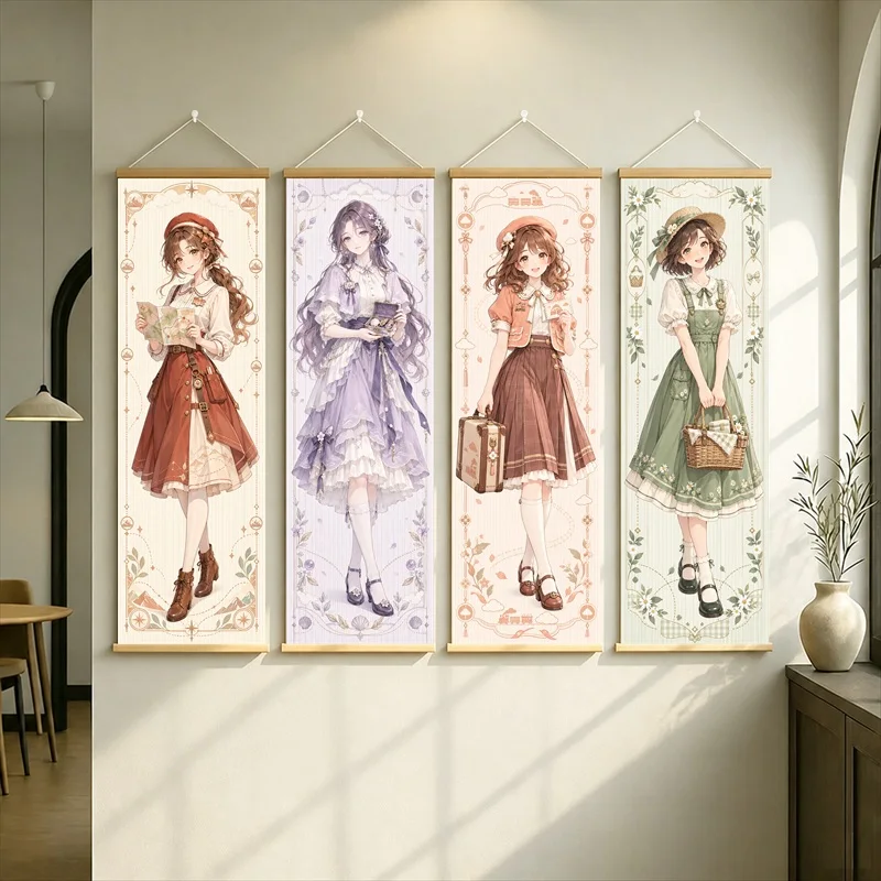 Anime Girls in Earth Tone Dresses Hanging Scroll with Delicate Floral Borders and Soft Lavender Accents for a Bedroom