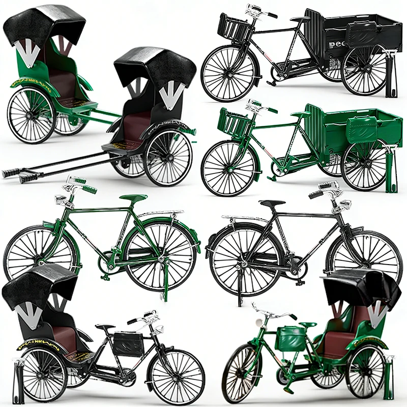 1:10 Classic Retro Alloy Bicycle Model Toys DIY Assemble Tricycle Jinrikisha Simulation Model Kit Hobby Collectibles Kids Toys