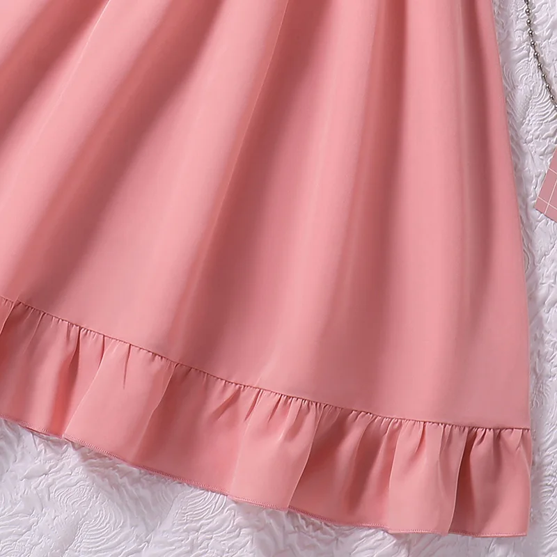 8-12Ys Pink Short-Sleeved Dress Kids Girls Round Neck Fashion Grace Cute Sweet Vacation Party Daily Casual Princess Dress