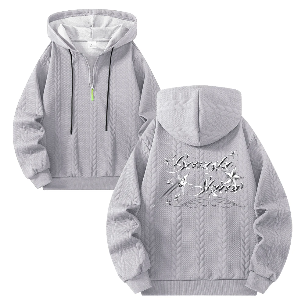 Men's Trendy Metallic Star Print Half Zip Hoodies Casual Cable Knit Embossed Pullover Sweatshirt Autumn Fitness And Commute Top