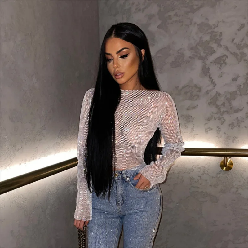 

Bling Diamond Long Sleeve Women T-Shirt Sexy See Through Fishnet Y2K Streetwear Female Tops Tee Nightclub Party Crop Top