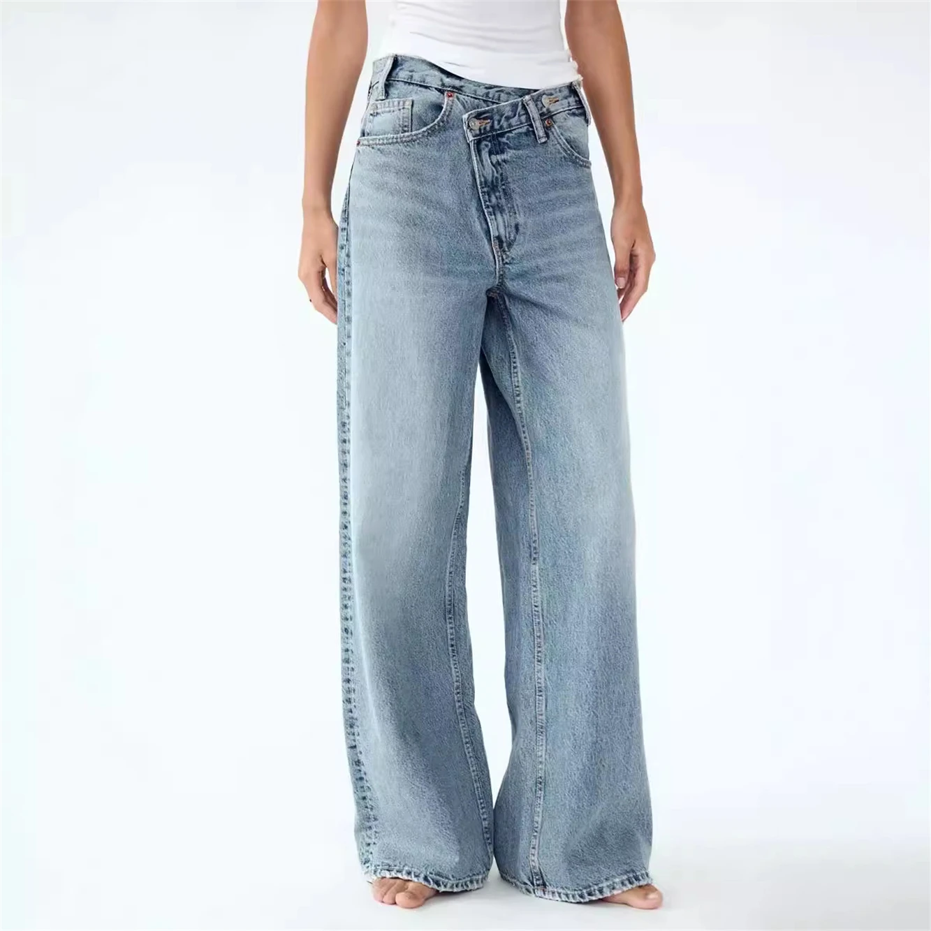 Double Buckle Design High Waist Loose Wide Leg Jeans Women's 2024 Autumn New Retro Slimming Trousers