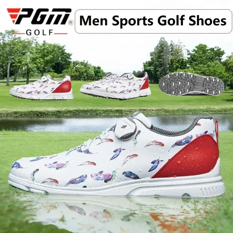 Pgm Golf Shoes Men Waterproof Golf Sneakers Quick-Lacing Mesh Lining Breathable Anti-Slip Shoes For Male Feather Pattern