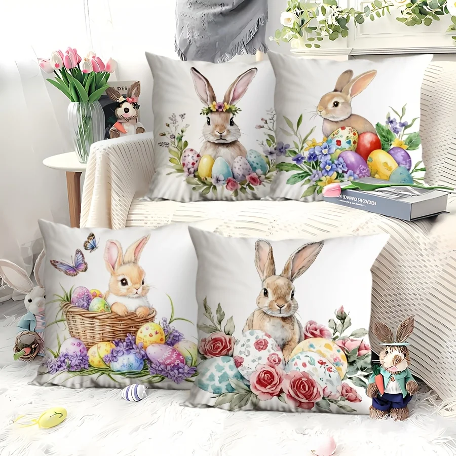 Easter Green Wreath Bunny Egg Lily Easter pillow Case, soft and comfortable Easter decorative pillow case, machine washable