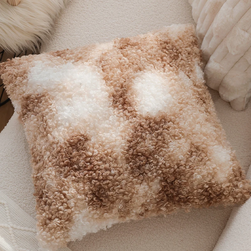 Gradient Brown Wool Roll Cushion Cover, Plush, Warm and Personalized, Home Decorative Winter Pillowcase for Indoor Sofa 45x45cm