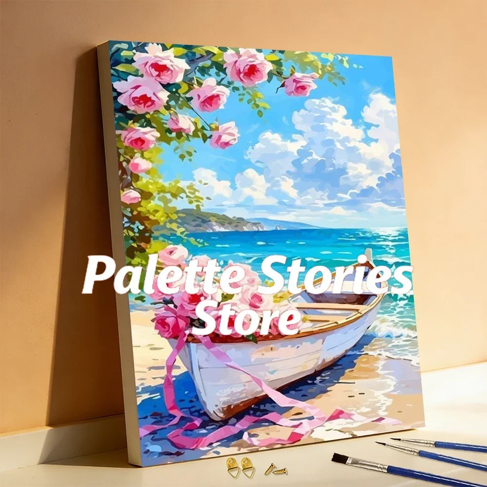 

frameless Digital Oil Painting Boat Beach Rose Flower DIY Oil Painting By Numbers Sea Coastline Scenery Landscape Handmade Gif