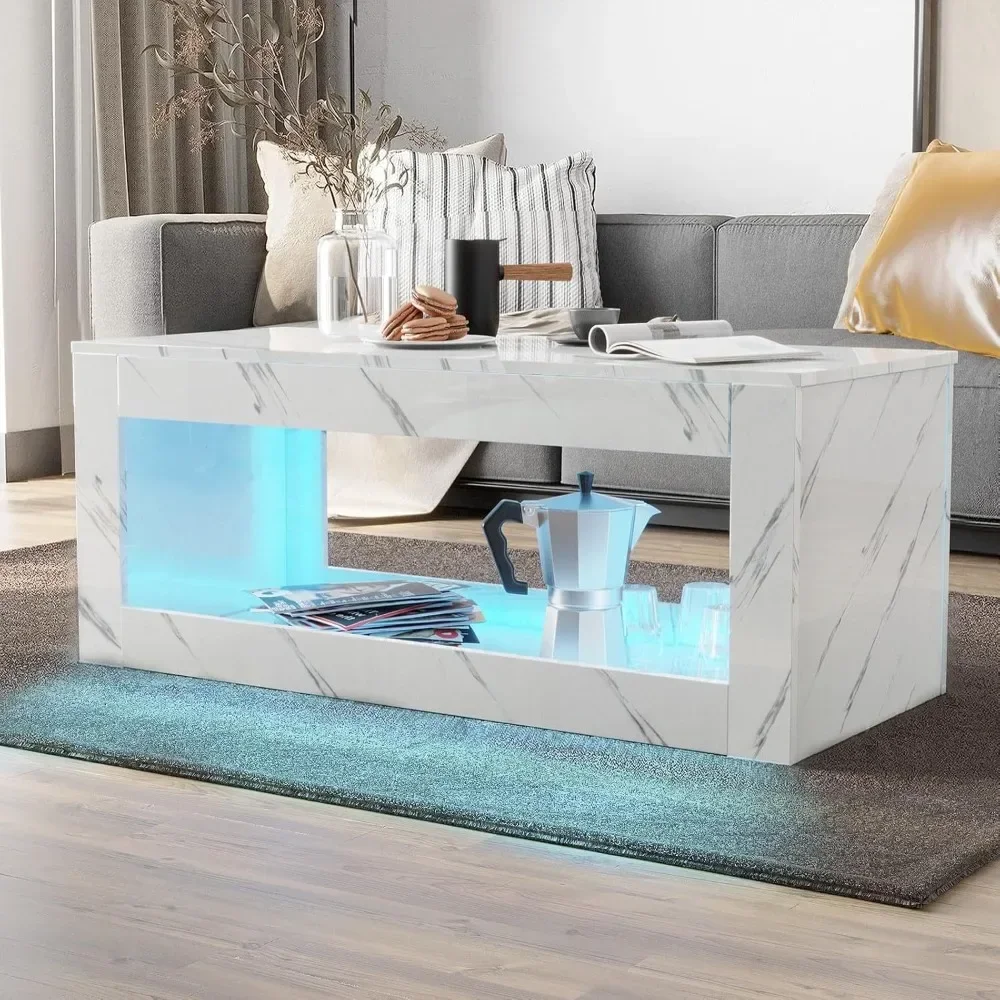 LED Coffee Table with Open Storage, Modern High Gloss Coffees Tables with 16 Colors LED Lights, Coffee Table