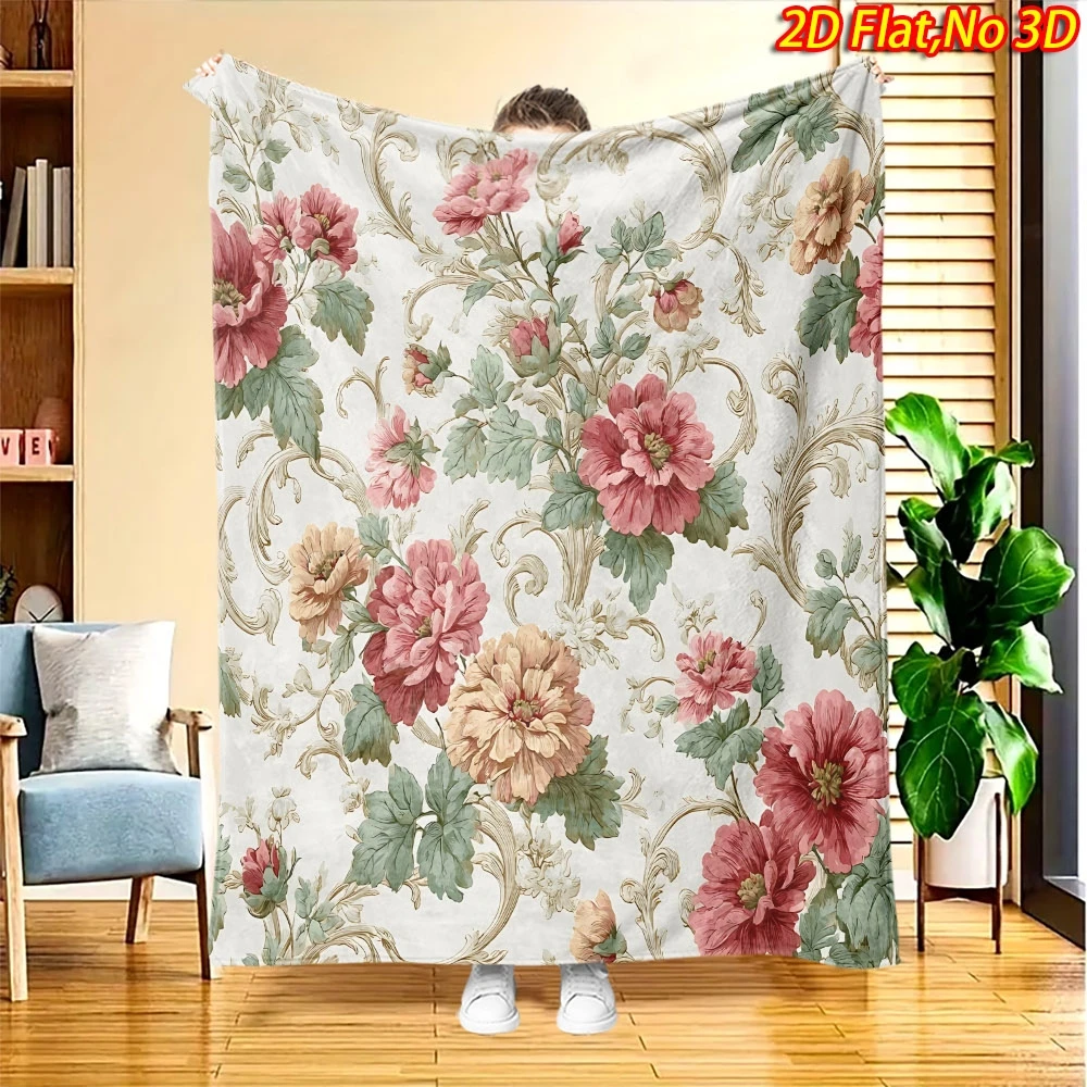 Retro Baroque Pink Beige Peony Green Leaf Repeat Pattern Flannel Throw Blanket, Warm Cozy Blanket, Floral Decor Gift For Bedroom