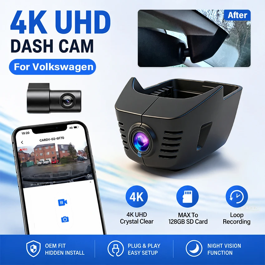 Hidden 4K UHD 2160P Wifi Car Dvr Dash Cam Camera For Volkswagen VW Tiguan (Mk2) 2016 2017 2018 2019 2020 2021 2022 2023 2024