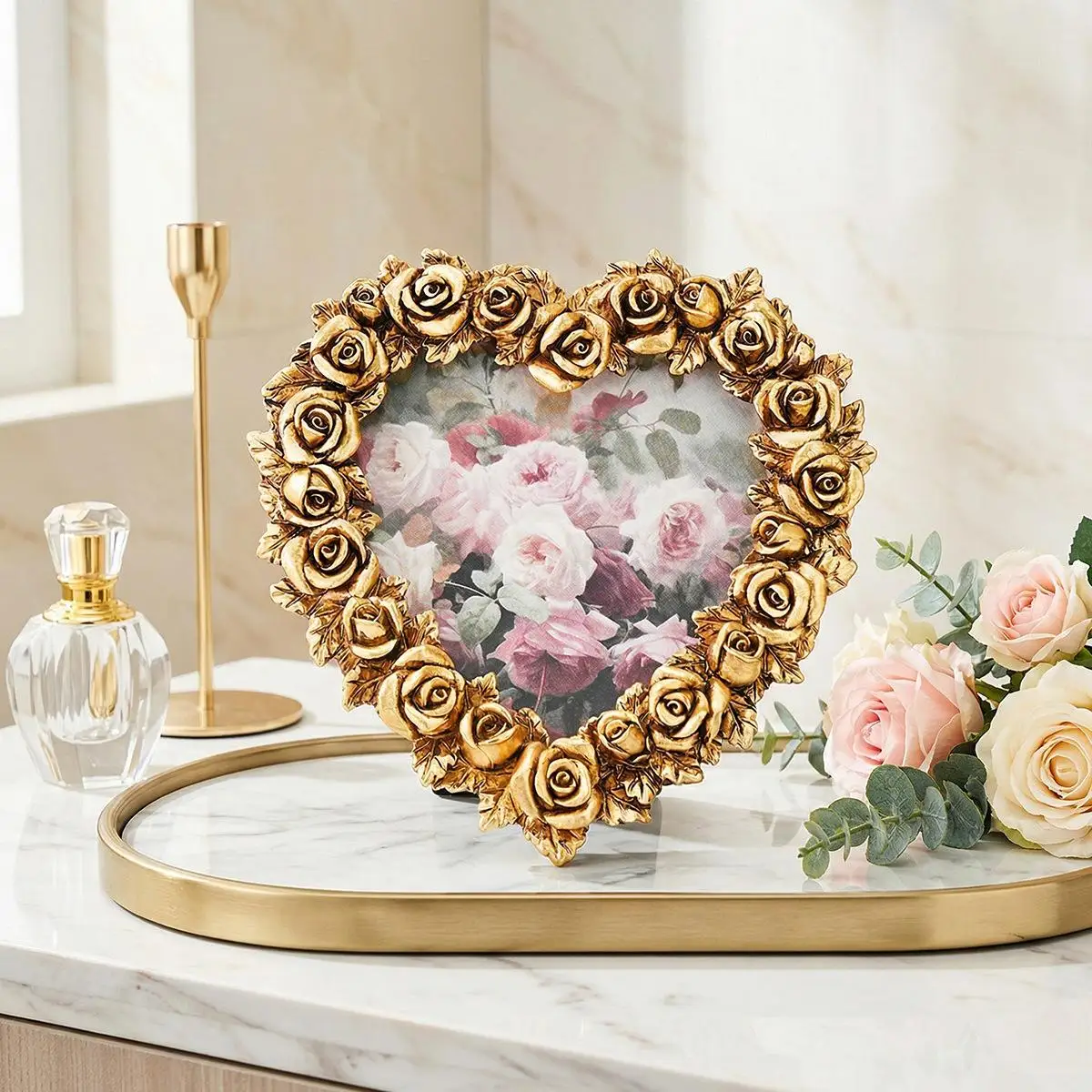 4-inch Engraved Photo Frame - Gold Rose Heart-shaped Frame - Sign-in Table - Wedding Room Atmosphere Decoration Display Stand