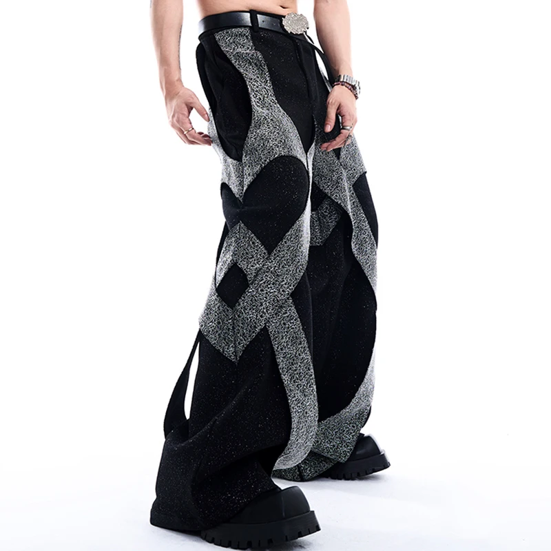 FEWQ Light Luxury Deconstructive Men\'s Casual Pants Korea Fashion 2024 Patchwork Wide Leg Male Trousers Contrast Color