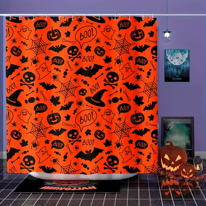 Festive Halloween Shower Curtain: 182.88cm x 182.88cm Orange with Black Silhouettes and 'Boo!' Text - 12 Hooks Included - Machin