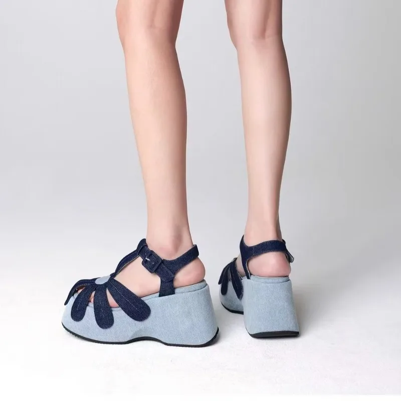 

Женские ретро-сандалии в ковбойском стиле с закрытым носком, летние, 2026, с вырезами, на толстой подошве, на танкетке