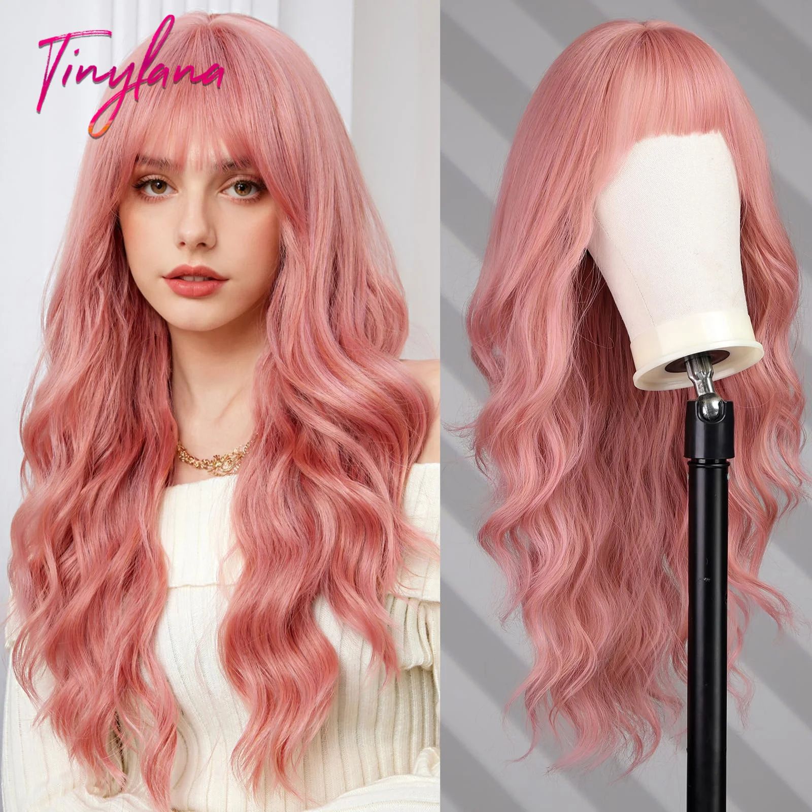 

Long Pink Wavy Synthetic Wigs with Bangs for Women Afro Lolita Cosplay Curly Wave Halloween Pink Natural Hair Wig Heat Resistant